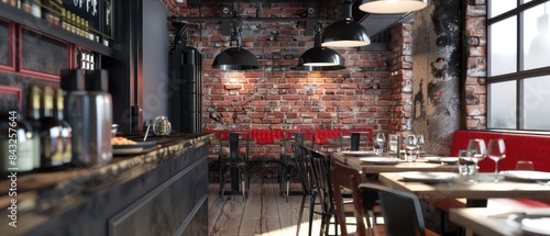 restaurant showcases a sleek industrial look with exposed red brick walls, black steel elements, and strategically placed hidden lights for a sophisticated touch