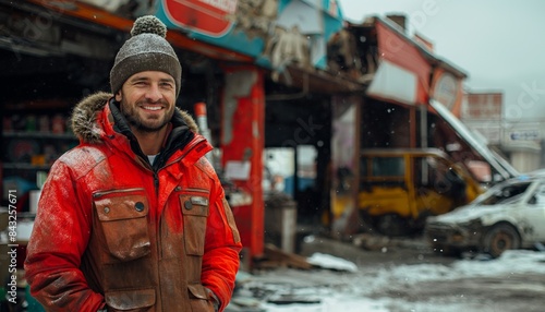 Young man smiling in disaster-stricken zone