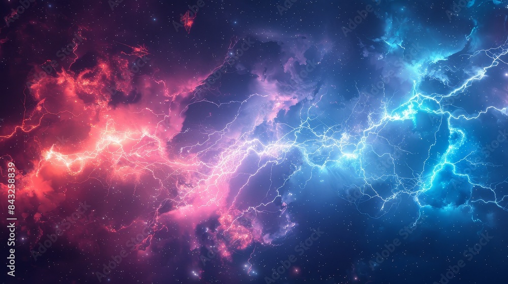 Electric energy of a stormy night, abstract lightning illuminating the blue-red sky, the raw beauty of nature's power Electric energy of a stormy night, abstract lightning illuminating the blue-red sky, the raw beauty of nature's power