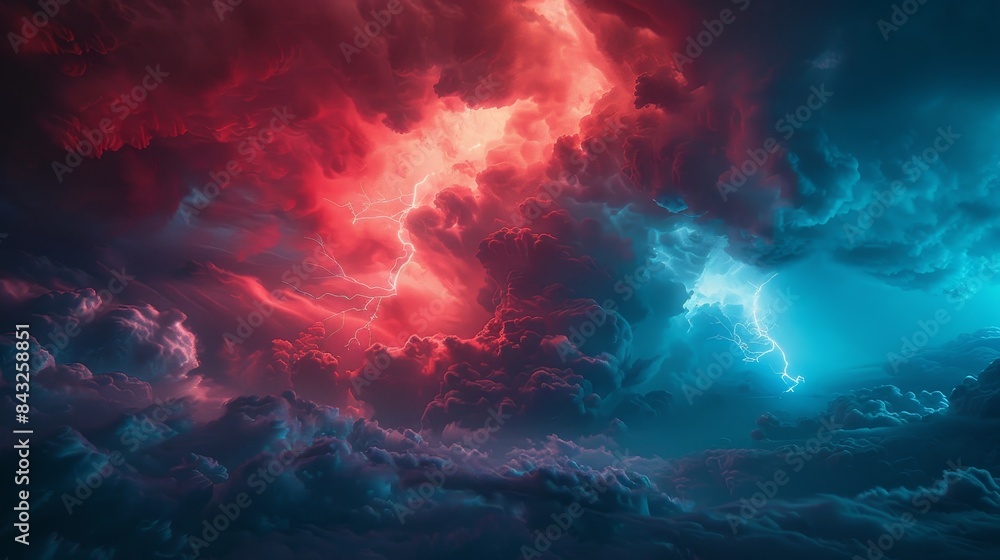 Electric energy of a stormy night, lightning bolts illuminating the blue-red sky, abstract beauty of nature's power Electric energy of a stormy night, lightning bolts illuminating the blue-red sky, abstract beauty of nature's power