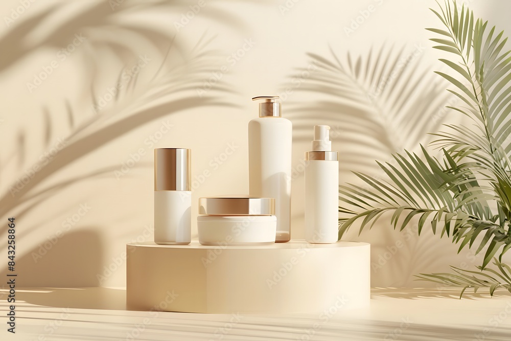Cosmetics cream or shampoo mockup on beige podium. Skincare lotion container promo display podium, luxury cosmetics package presentation on pedestal or podium realistic mockup 3d vector wallpaper Cosmetics cream or shampoo mockup on beige podium. Skincare lotion container promo display podium, luxury cosmetics package presentation on pedestal or podium realistic mockup 3d vector wallpaper