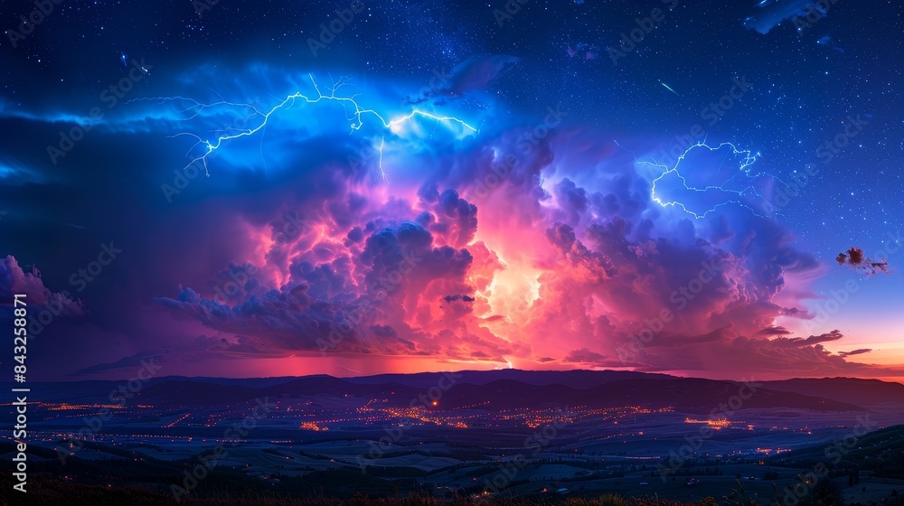 Naklejka premium Electric energy of a stormy night, lightning bolts illuminating the blue-red sky, abstract beauty of nature's power