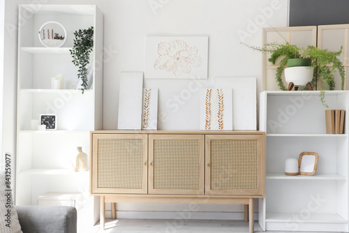 Interior of light living room with shelf units, commode and paintings