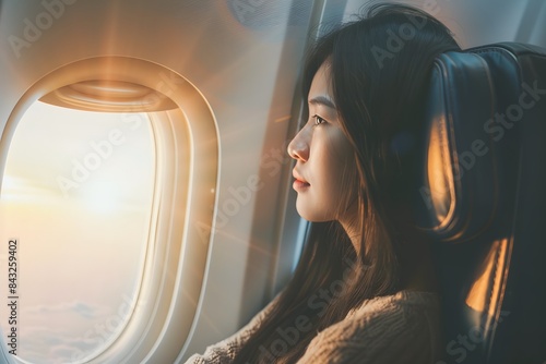 Asian woman sitting in a seat in airplane and looking out the window going on a trip vacation travel concept © manof