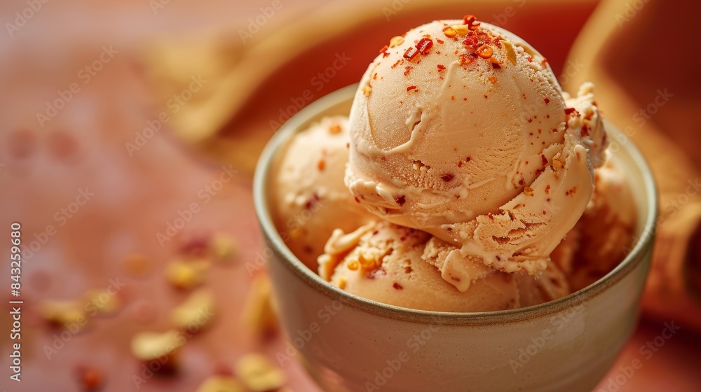 Detailed shot of a spicy tamarind fruit ice cream in a cup, with visible chili flakes, isolated on a bright orange background, studio lighting Detailed shot of a spicy tamarind fruit ice cream in a cup, with visible chili flakes, isolated on a bright orange background, studio lighting