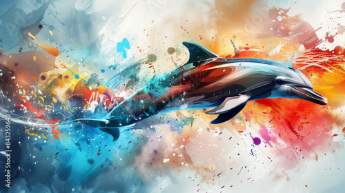A colorful painting of a dolphin with a blue tail and a white mouth
