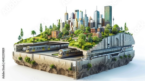 Futuristic Isometric Cityscape with Cross-Section Subway System on White Background - Digital Art Octane Render