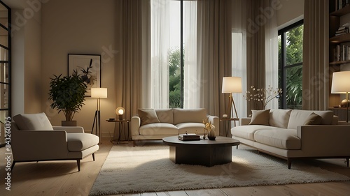 Minimalist Scandinavian interior design with empty wall mockup in beige color theme. Contemporary living room interior concept.