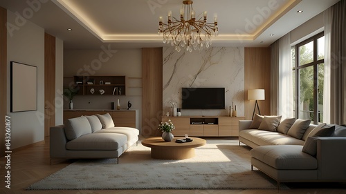 Minimalist Scandinavian interior design with empty wall mockup in beige color theme. Contemporary living room interior concept.