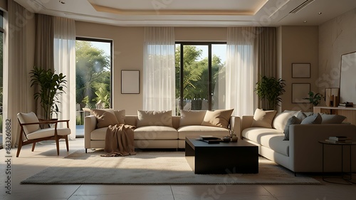 Minimalist Scandinavian interior design with empty wall mockup in beige color theme. Contemporary living room interior concept.