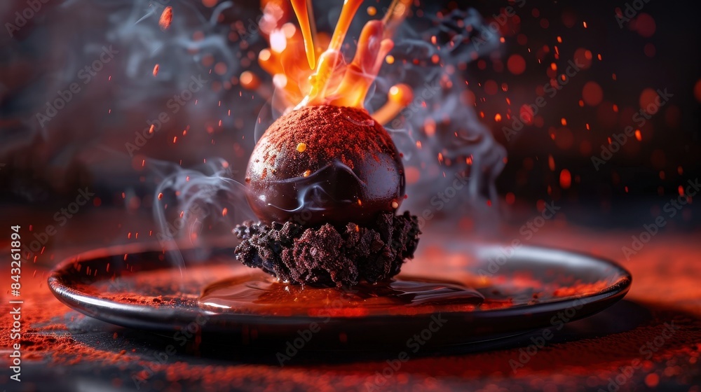 Flaming dessert with smoke and sparks Flaming dessert with smoke and sparks