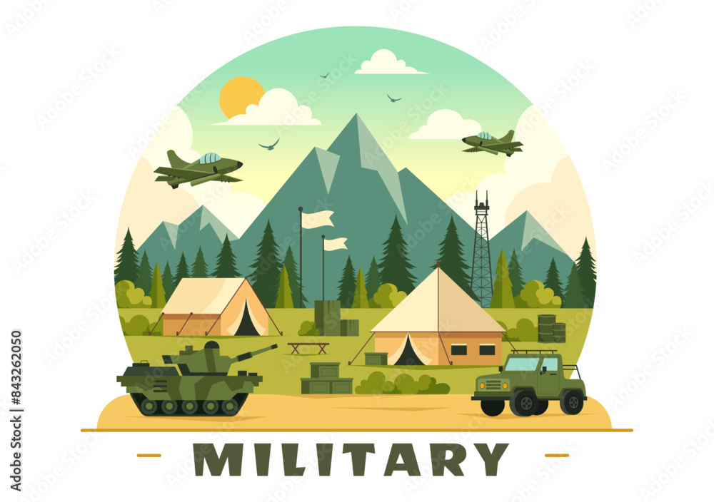 Fototapeta premium Vector Illustration of Military Army Forces featuring Soldiers, Weapons, Tanks, and Heavy Protective Equipment in a Flat Style Cartoon Background
