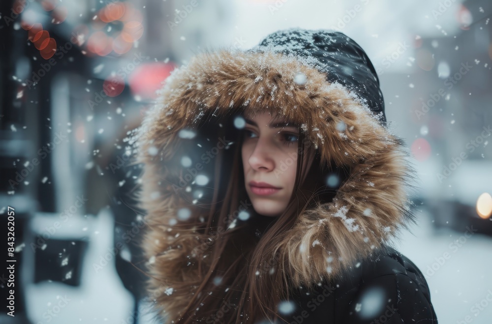 Woman in warm winter coat and fur-lined hood during snowfall Woman in warm winter coat and fur-lined hood during snowfall