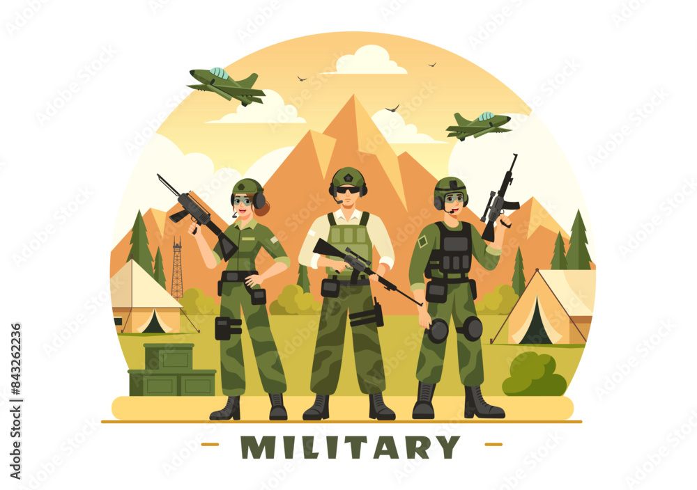 Vector Illustration of Military Army Forces featuring Soldiers, Weapons ...