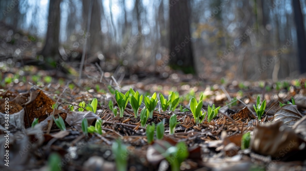 New Green Sprouts Emerging in Forest Floor New Green Sprouts Emerging in Forest Floor