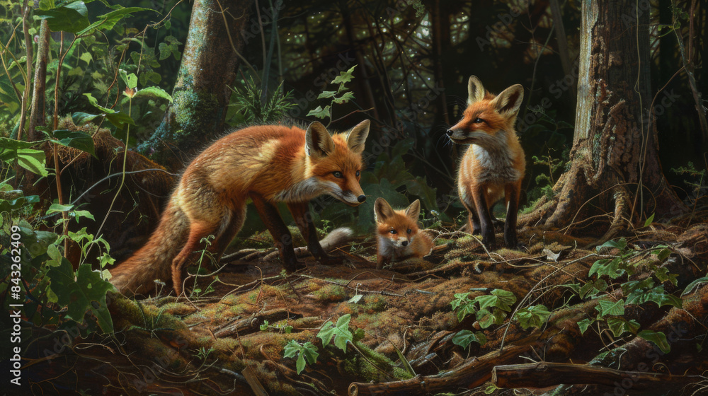 Fototapeta premium Family of Foxes in Lush Forest Habitat