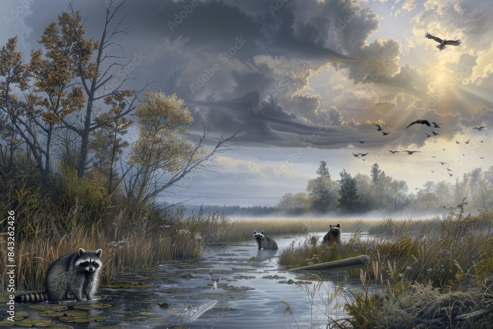 Naklejka premium Raccoons in Misty Wetlands at Dawn