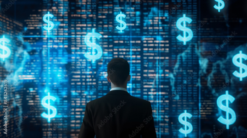 Businessman Presenting Financial Analysis with Big Data Charts Displaying International Success and Dollar Signs at Office Meeting Businessman Presenting Financial Analysis with Big Data Charts Displaying International Success and Dollar Signs at Office Meeting