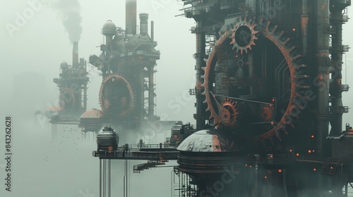 Steampunk industrial towers in a foggy dystopian landscape