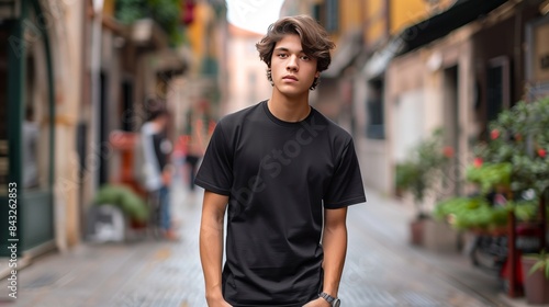 Young Model Shirt Mockup Boy wearing black_t-shirt on street in the city © CoolGraphics