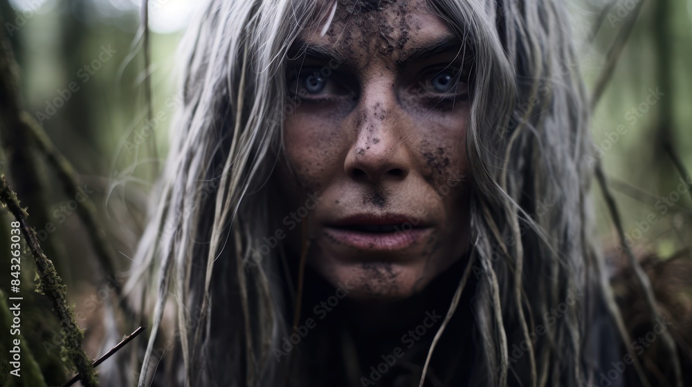 Mysterious woman with dirty face in the forest Mysterious woman with dirty face in the forest
