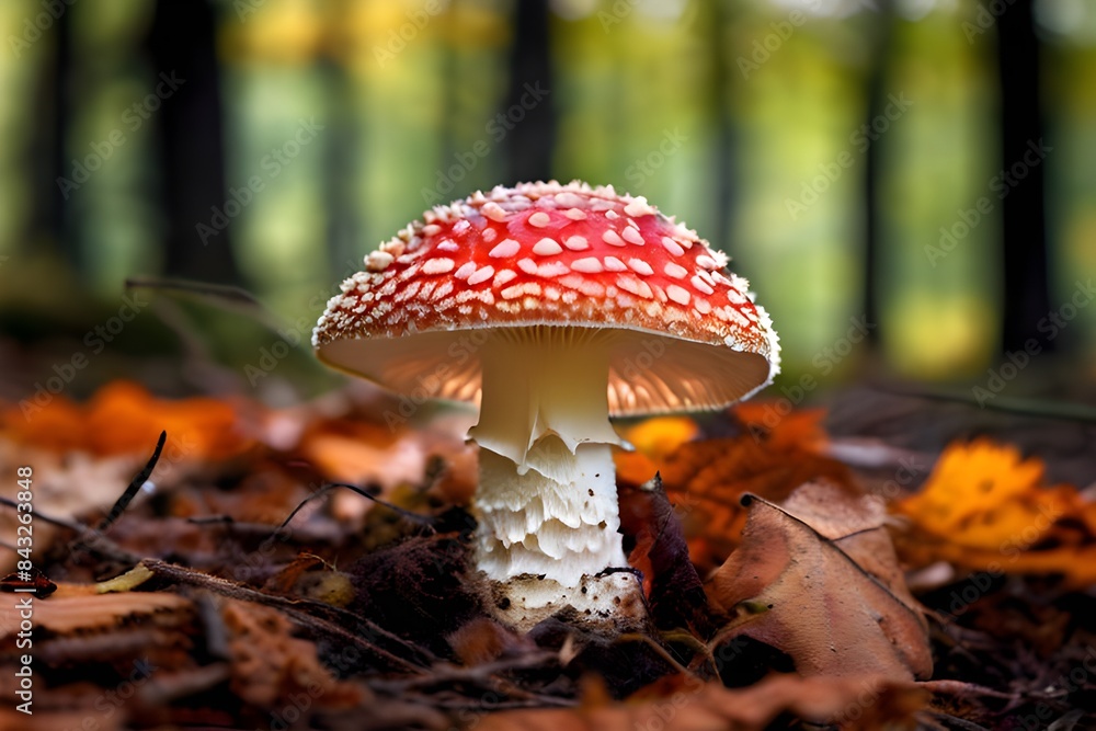 Red mushroom with white spots in a forest. Red mushroom with white spots in a forest.