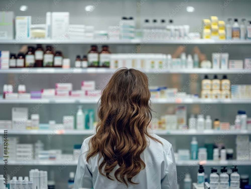 pharmacist examining shelves of medicine in pharmacy pharmacist examining shelves of medicine in pharmacy