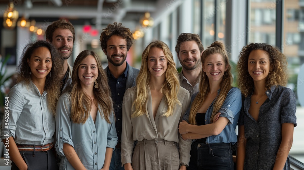 Diverse group of people in office, smiling at camera, wearing casual clothes, wide angle, city view windows Diverse group of people in office, smiling at camera, wearing casual clothes, wide angle, city view windows