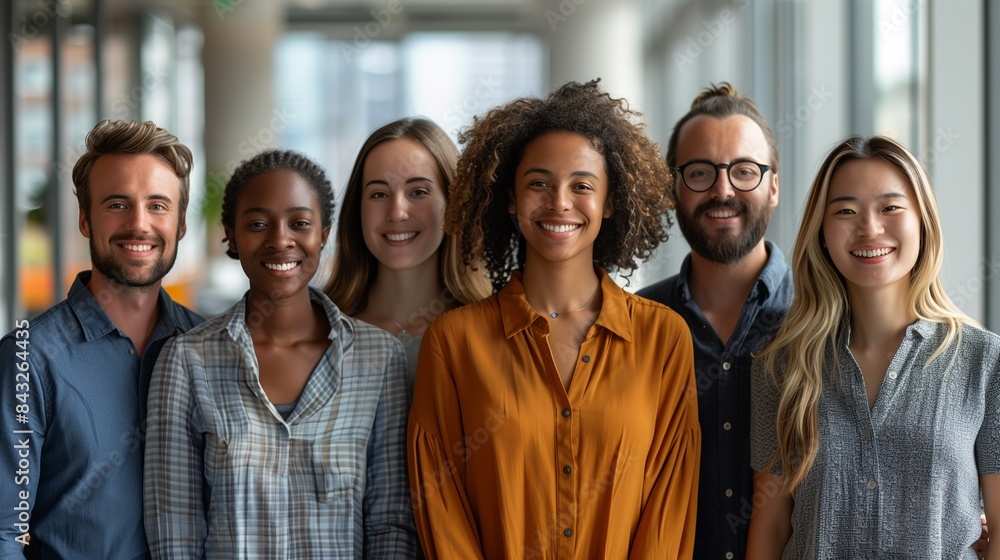 Diverse group of people in office, smiling at camera, wearing casual clothes, wide angle, city view windows Diverse group of people in office, smiling at camera, wearing casual clothes, wide angle, city view windows