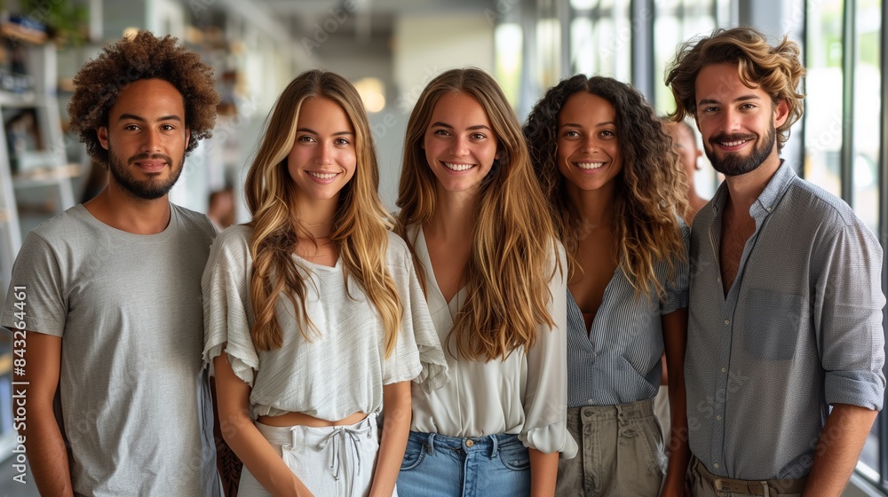 Diverse group of people in office, smiling at camera, wearing casual clothes, wide angle, city view windows Diverse group of people in office, smiling at camera, wearing casual clothes, wide angle, city view windows