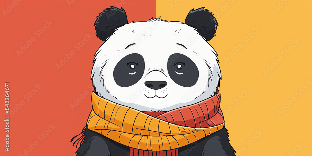 Fototapeta premium Cartoon panda with a cozy scarf, set against a split brown and yellow background, depicting a cute and warm character.