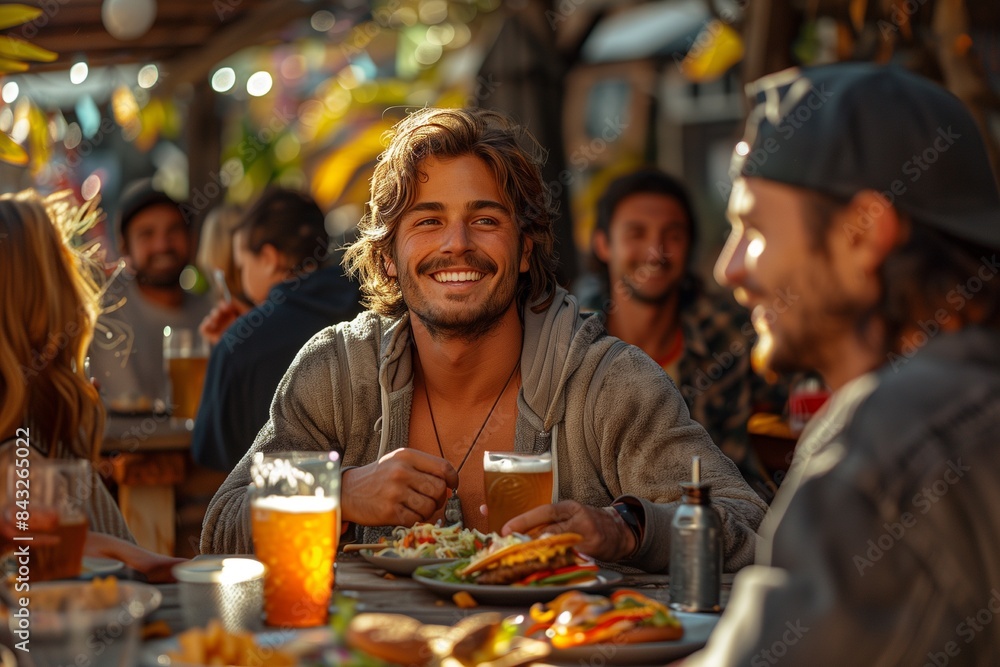 Group of friends enjoying lunch at an outdoor cafe, laughing, eating tacos, and drinking beer together