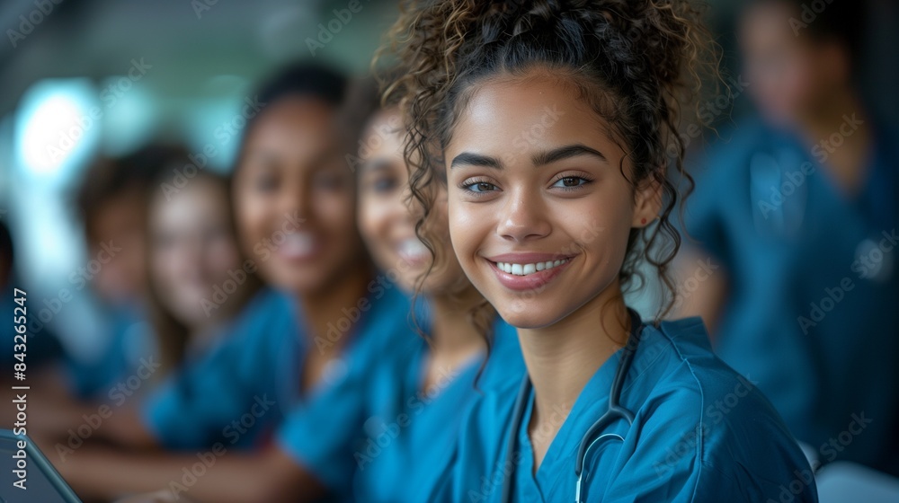 Fototapeta premium Young doctors in blue scrubs, holding tablets, smiling, engaging in a lesson with their instructor