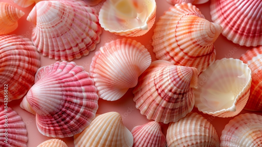 Scattered background of many pink shells. Scattered background of many pink shells.