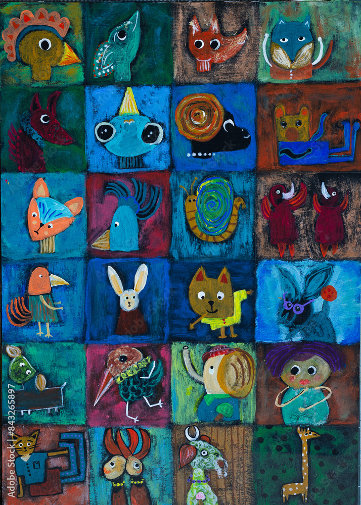 Fototapeta premium Lotería de animales fantásticos. Ilustración en acrílico, ilustración infantil 