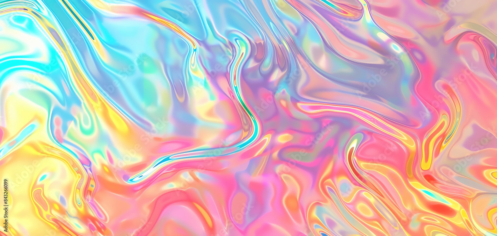 Colorful iridescent abstract background with fluid swirls and waves in pastel shades of pink, purple, blue, and yellow.