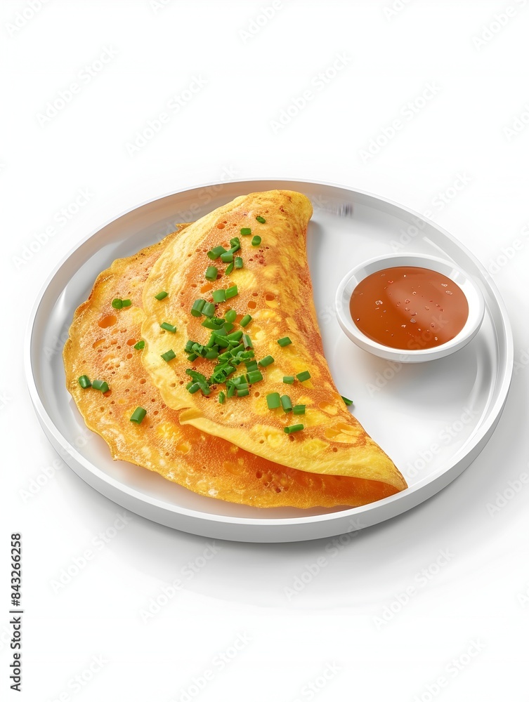Chibi Styled Kai Jeow Omelette Served with Spicy Dipping Sauce on Isolated White Background Chibi Styled Kai Jeow Omelette Served with Spicy Dipping Sauce on Isolated White Background