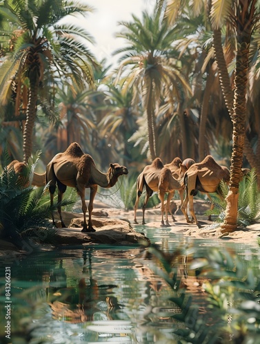 Camels Passing Through Lush Oasis in Arid Desert Landscape with Reflected Palms and Pond