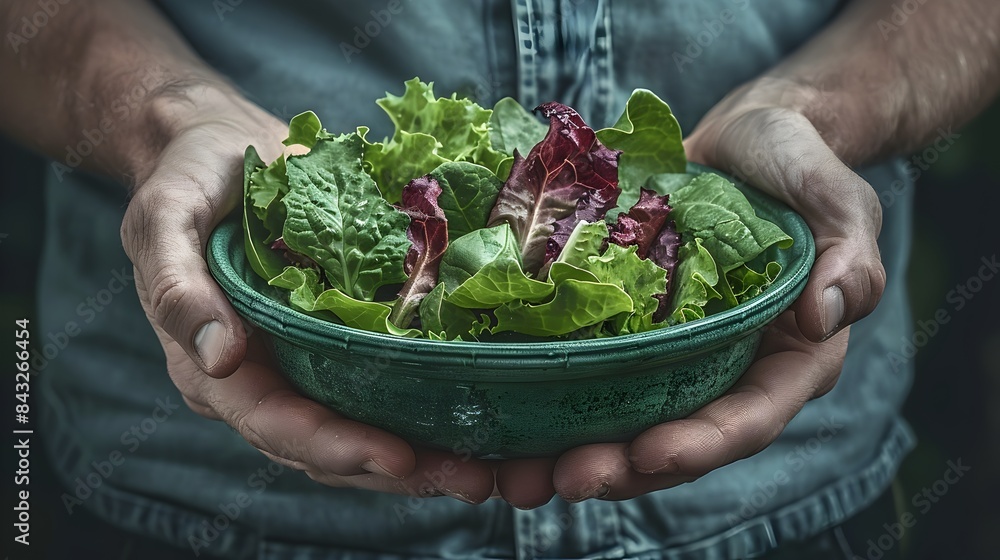 Healthy green salad bowl held in hands showcasing fresh organic produce from sustainable garden or farm Healthy green salad bowl held in hands showcasing fresh organic produce from sustainable garden or farm