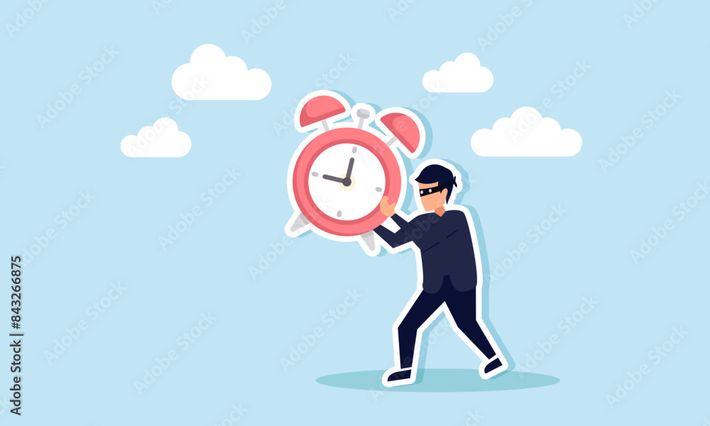 Steal time combat procrastination, boost efficiency, and meet deadlines, concept of Burglar thief steals a clock and runs away Steal time combat procrastination, boost efficiency, and meet deadlines, concept of Burglar thief steals a clock and runs away