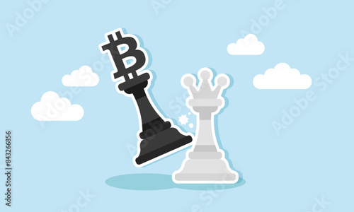 Winning Bitcoin strategy profit from crypto currency, decentralized finance over banks, concept of Black Bitcoin chess king wins, defeating traditional white king