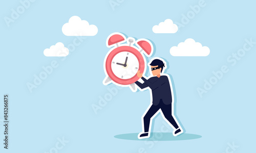 Steal time combat procrastination, boost efficiency, and meet deadlines, concept of Burglar thief steals a clock and runs away