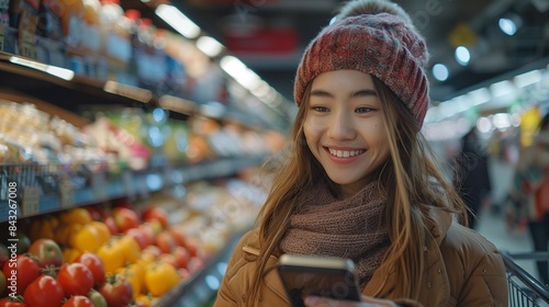 Young woman smiles using mobile phone in a grocery-filled shopping cart at the supermarket