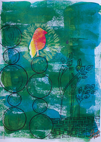 Ave conceptual en color naranja sobre fondo verde con azul y texturas