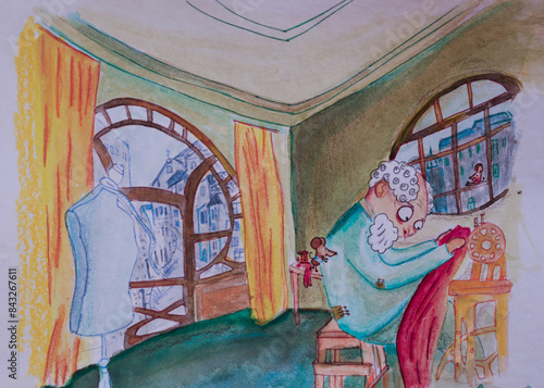 Ilustración de un abuelo confeccionando en una maquina de coser dentro de una casa con ventanas