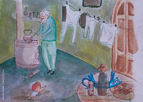 Ilustración en acuarela de un abuelo cocinando en una estufa antigua dentro de su casa en pijama con un gato azul de mascota y ropa colgada en un tendedero 