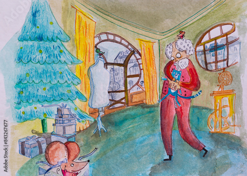 Ilustración en acuarela de un abuelo vestido de rojo abrazando a un gato, justo a ellos un árbol de navidad dentro de una casa