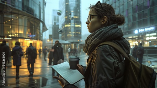 Sartre's Existentialism: A Contemplative Girl Holding a Book with a Serious Expression in a Bustling City Square, Emphasizing Freedom and Individual Responsibility