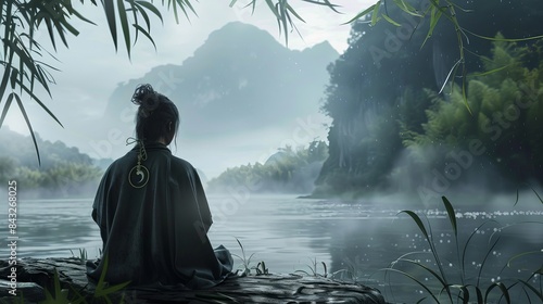 Embodying Laozi's Taoism: A Wise Person by a Misty River, Showcasing Balance, Harmony, and Effortless Flow