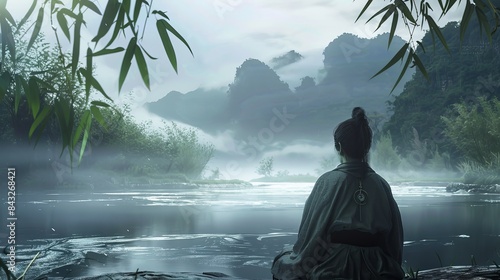 Reflecting on Laozi's Taoism: A Peaceful Person by a Misty River with Mountains, Showing Natural Harmony and Effortless Action